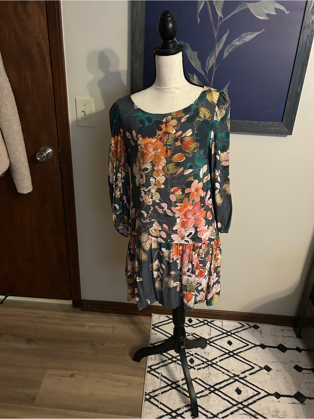 Meadow Rue Floral Mini Dress in Dark Gray with Pink & Orange Blooms